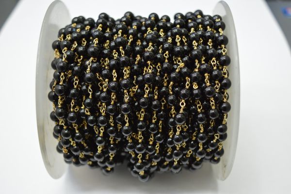 925 Sterling Silver Gold Plated Round Ball Shape 4.00mm Wire Wrapped Rosary Chain With Black Onyx Stone. Sold By foot, ROS2-5661