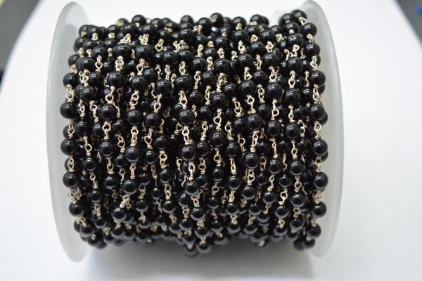 925 Sterling Silver Gold Plated Round Ball Shape 4.00mm Wire Wrapped Rosary Chain With Black Onyx Stone. Sold By foot, ROS2-5661