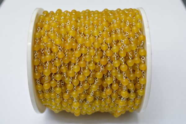 925 Sterling Silver Gold Plated Gorgeous Round Ball Shape 5.00mm Wire Wrapped Rosary Chain With Yellow Chalcedony Stone . Sold By foot, ROS2-5671