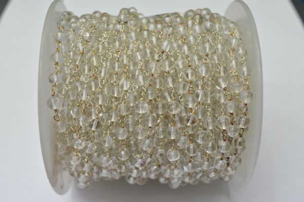 925 Sterling Silver Gold Plated Glorious Round Ball Shape 5.00mm Wire Wrapped Rosary Chain With Crystal Stone . Sold By foot, ROS2-5678