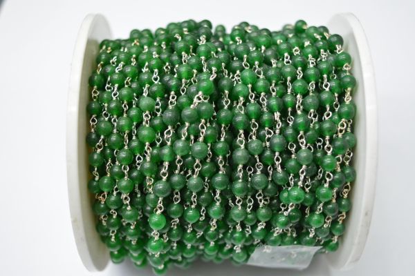 925 Sterling Silver Gold Plated Wire Wrapped Rosary Chain With Round Ball Shape 5.00 mm Green agate Stone. Sold By foot, ROS2-5681