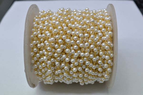 925 Sterling Silver Gold Plated Elegant Round Ball Shape 4.00mm Wire Wrapped Rosary Chain With Pearl  Stone . Sold By foot, ROS2-5684