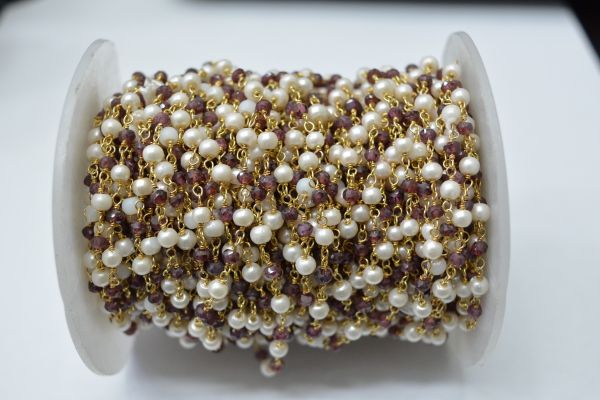 925 Sterling Silver Gold Plated  Wire Wrapped Rosary Chain With Roundel Shape 3.00 mm Garnet + Pearl Stone.  Sold By foot, ROS2-5692
