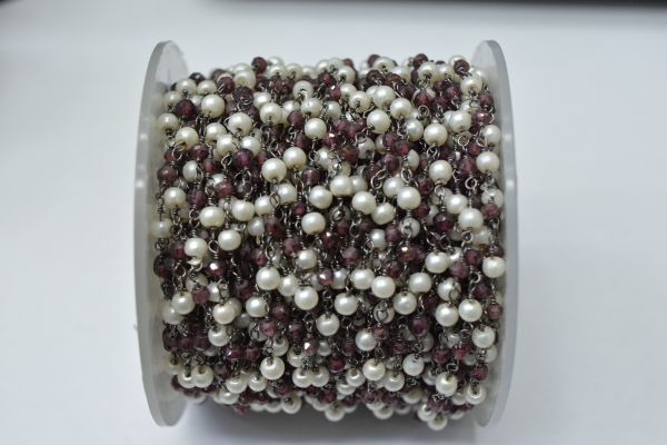 925 Sterling Silver Gold Plated  Wire Wrapped Rosary Chain With Roundel Shape 3.00 mm Garnet + Pearl Stone.  Sold By foot, ROS2-5692