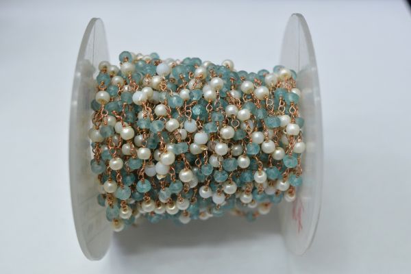 925 Sterling Silver Gold Plated Amazing Wire Wrapped Rosary Chain With Roundel Shape 3.00 mm Apatite Jade + Pearl Stone.  Sold By foot, ROS2-5700