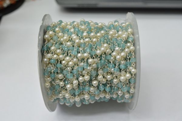 925 Sterling Silver Gold Plated Amazing Wire Wrapped Rosary Chain With Roundel Shape 3.00 mm Apatite Jade + Pearl Stone.  Sold By foot, ROS2-5700