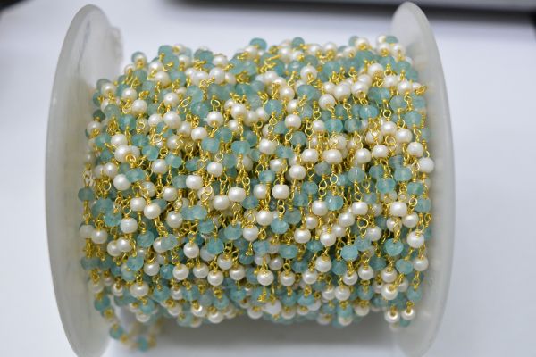 925 Sterling Silver Gold Plated Amazing Wire Wrapped Rosary Chain With Roundel Shape 3.00 mm Apatite Jade + Pearl Stone.  Sold By foot, ROS2-5700