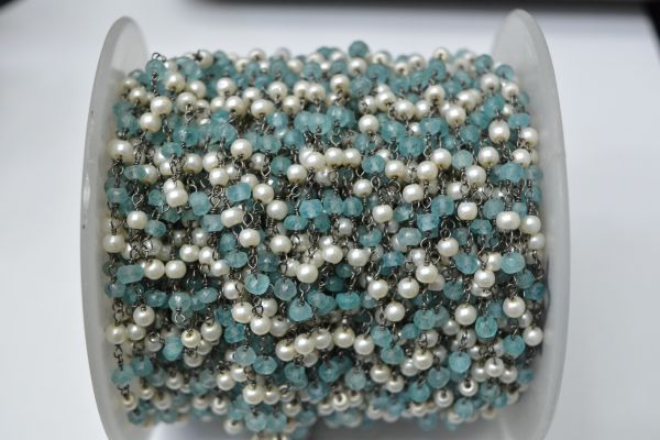925 Sterling Silver Gold Plated Amazing Wire Wrapped Rosary Chain With Roundel Shape 3.00 mm Apatite Jade + Pearl Stone.  Sold By foot, ROS2-5700