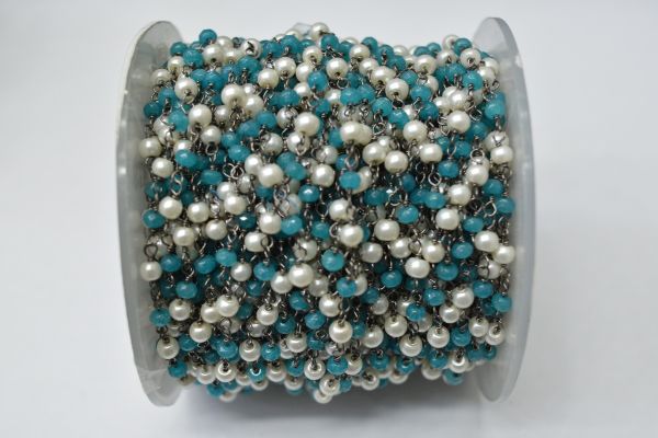925 Sterling Silver Gold Plated Amazing Wire Wrapped Rosary Chain With Roundel Shape 3.00 mm Apatite Jade + Pearl Stone.  Sold By foot, ROS2-5700