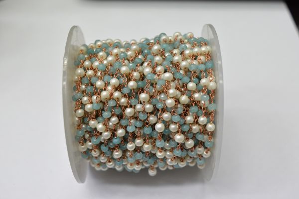 925 Sterling Silver Gold Plated  Wire Wrapped Rosary Chain With Roundel Shape 3.00 mm Light Apatite Jade + Pearl Stone.  Sold By foot, ROS2-5704
