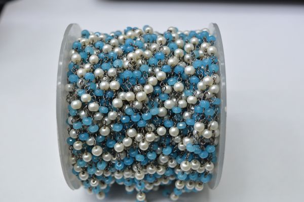 925 Sterling Silver Gold Plated Roundel  Shape 3.00mm Wire Wrapped Rosary Chain With Blue Chalcedony + Pearl Stone. Sold By foot,ROS2-5706