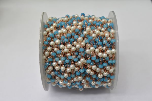 925 Sterling Silver Gold Plated Roundel  Shape 3.00mm Wire Wrapped Rosary Chain With Blue Chalcedony + Pearl Stone. Sold By foot,ROS2-5706