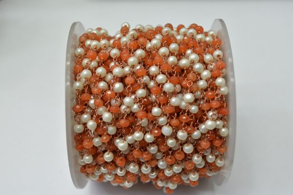 925 Sterling Silver Gold Plated  Roundel Shape 3.00mm Wire Wrapped Rosary Chain With Orange Jade + Pearl Stone . Sold By foot, ROS2-5709