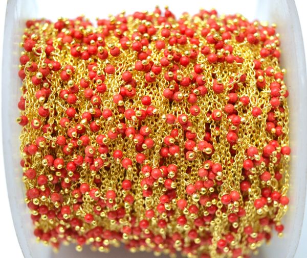 925 Sterling Silver Gold Rosary Chain With Coral in Round Ball Shape - 2mm Size, Sold By foot, ROS2-6064