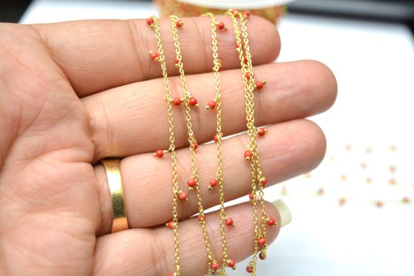 925 Sterling Silver Gold Rosary Chain With Coral in Round Ball Shape - 2mm Size, Sold By foot, ROS2-6064