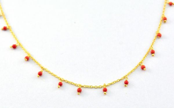 925 Sterling Silver Gold Rosary Chain With Coral in Round Ball Shape - 2mm Size, Sold By foot, ROS2-6064