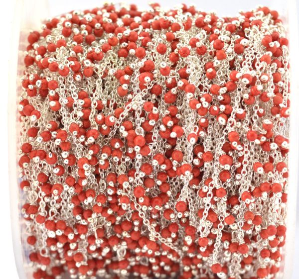 925 Sterling Silver Gold Rosary Chain With Coral in Round Ball Shape - 2mm Size, Sold By foot, ROS2-6064