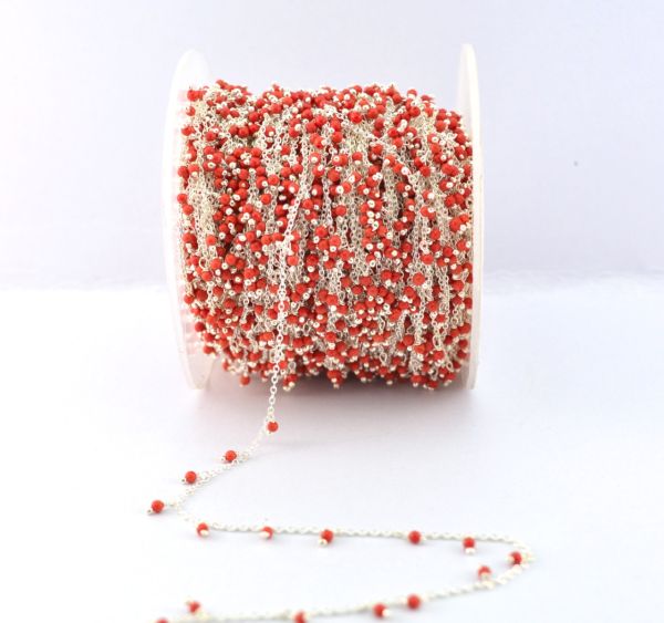 925 Sterling Silver Gold Rosary Chain With Coral in Round Ball Shape - 2mm Size, Sold By foot, ROS2-6064