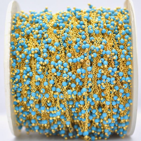 Beautiful 925 Sterling Silver Gold Rosary Chain in turquoise - Round in shape, 2mm - ROS2-6066  
