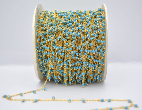 Beautiful 925 Sterling Silver Gold Rosary Chain in turquoise - Round in shape, 2mm - ROS2-6066  