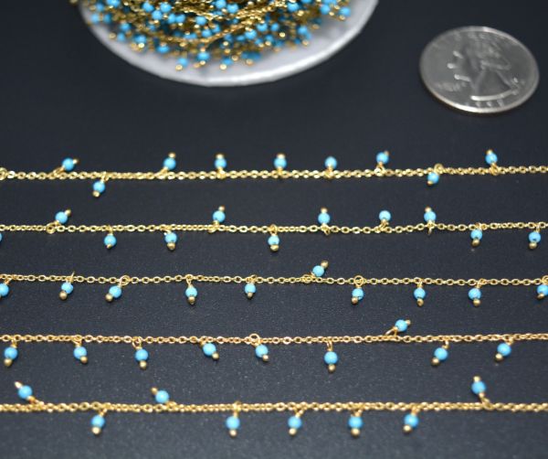 Beautiful 925 Sterling Silver Gold Rosary Chain in turquoise - Round in shape, 2mm - ROS2-6066  
