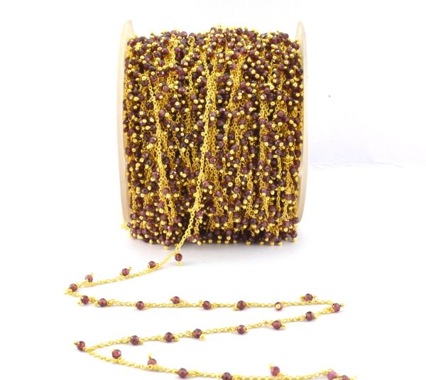 925 Sterling Silver Gold Rosary Chain Studded With Garnet in Round Shape - 2mm,ROS2-6068 