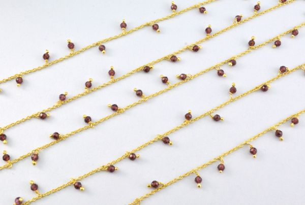925 Sterling Silver Gold Rosary Chain Studded With Garnet in Round Shape - 2mm,ROS2-6068 