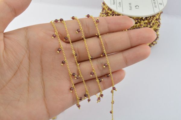 925 Sterling Silver Gold Rosary Chain Studded With Garnet in Round Shape - 2mm,ROS2-6068 