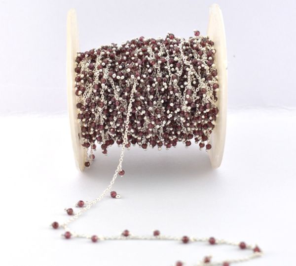 925 Sterling Silver Gold Rosary Chain Studded With Garnet in Round Shape - 2mm,ROS2-6068 