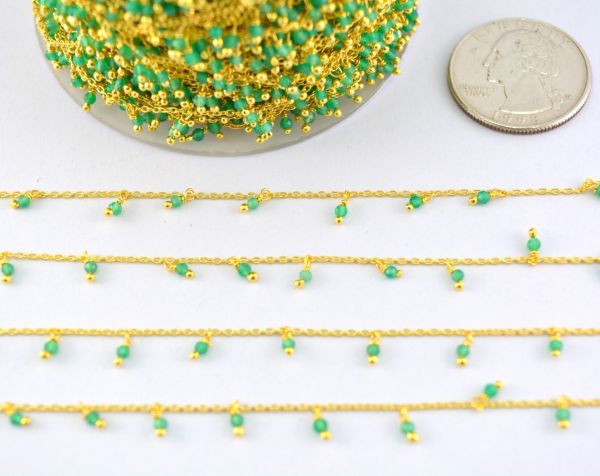 Glorious 925 Sterling Silver Gold Rosary Chain With Green Onyx Stone in Round Shape - 2mm Size ,ROS2-6070