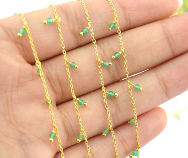 Glorious 925 Sterling Silver Gold Rosary Chain With Green Onyx Stone in Round Shape - 2mm Size ,ROS2-6070