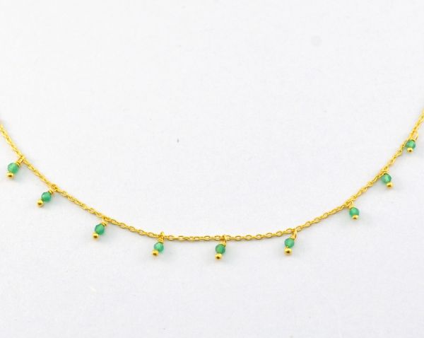 Glorious 925 Sterling Silver Gold Rosary Chain With Green Onyx Stone in Round Shape - 2mm Size ,ROS2-6070
