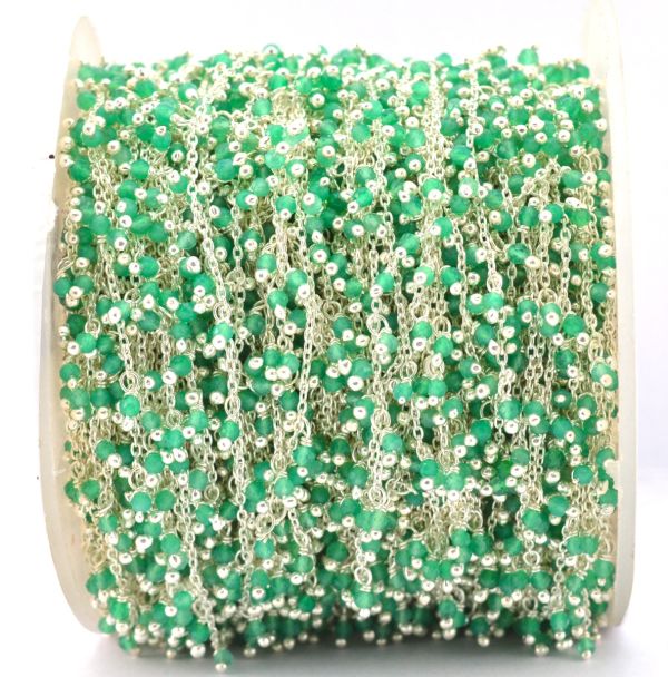 Glorious 925 Sterling Silver Gold Rosary Chain With Green Onyx Stone in Round Shape - 2mm Size ,ROS2-6070
