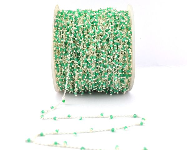 Glorious 925 Sterling Silver Gold Rosary Chain With Green Onyx Stone in Round Shape - 2mm Size ,ROS2-6070