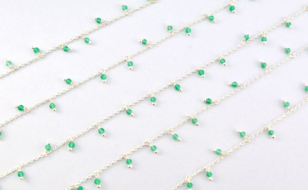 Glorious 925 Sterling Silver Gold Rosary Chain With Green Onyx Stone in Round Shape - 2mm Size ,ROS2-6070