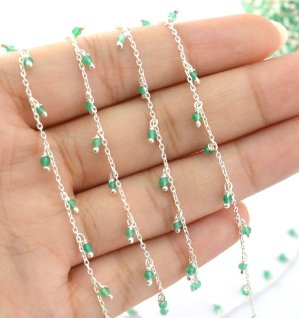 Glorious 925 Sterling Silver Gold Rosary Chain With Green Onyx Stone in Round Shape - 2mm Size ,ROS2-6070