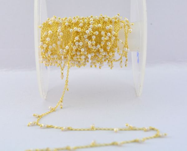 925 Sterling Silver Gold Rosary Chain in Round Shape With Pearl , 2mm Size - ROS2-6074