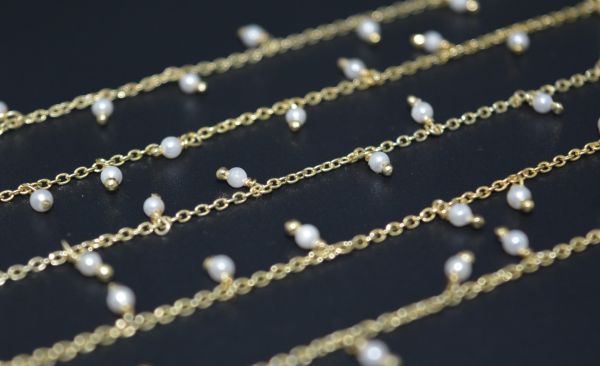 925 Sterling Silver Gold Rosary Chain in Round Shape With Pearl , 2mm Size - ROS2-6074