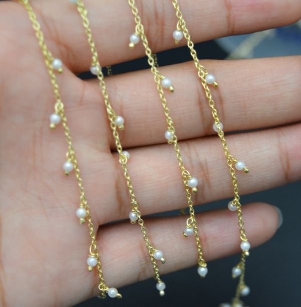 925 Sterling Silver Gold Rosary Chain in Round Shape With Pearl , 2mm Size - ROS2-6074