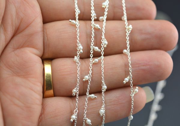 925 Sterling Silver Gold Rosary Chain in Round Shape With Pearl , 2mm Size - ROS2-6074