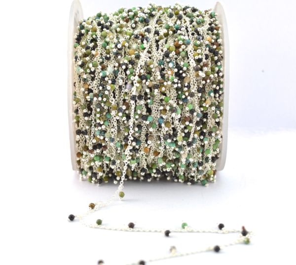 925 Sterling Silver Gold Rosary Chain Studded With Turquoise - 2mm, ROS2-6076 