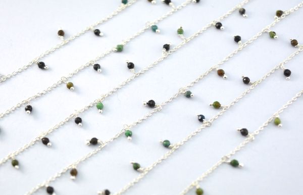 925 Sterling Silver Gold Rosary Chain Studded With Turquoise - 2mm, ROS2-6076 