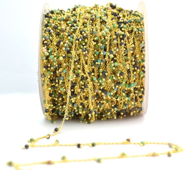 925 Sterling Silver Gold Rosary Chain Studded With Turquoise - 2mm, ROS2-6076 