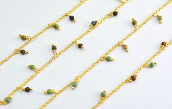 925 Sterling Silver Gold Rosary Chain Studded With Turquoise - 2mm, ROS2-6076 