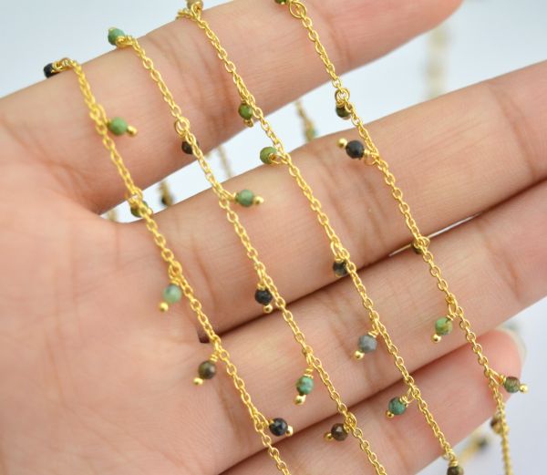 925 Sterling Silver Gold Rosary Chain Studded With Turquoise - 2mm, ROS2-6076 