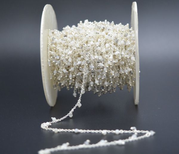 925 Sterling Silver Gold Round Rosary Chain With White Moonstone - 2mm, ROS2-6078