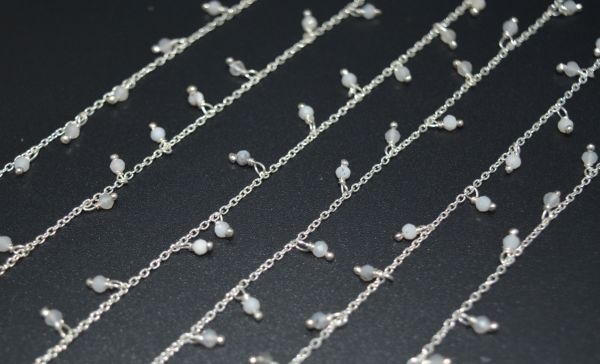 925 Sterling Silver Gold Round Rosary Chain With White Moonstone - 2mm, ROS2-6078