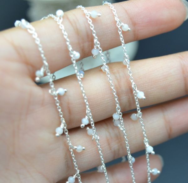 925 Sterling Silver Gold Round Rosary Chain With White Moonstone - 2mm, ROS2-6078
