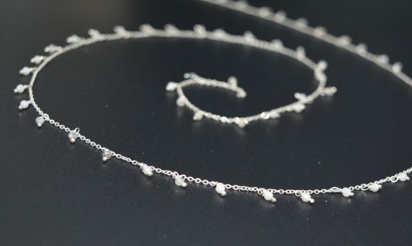 925 Sterling Silver Gold Round Rosary Chain With White Moonstone - 2mm, ROS2-6078