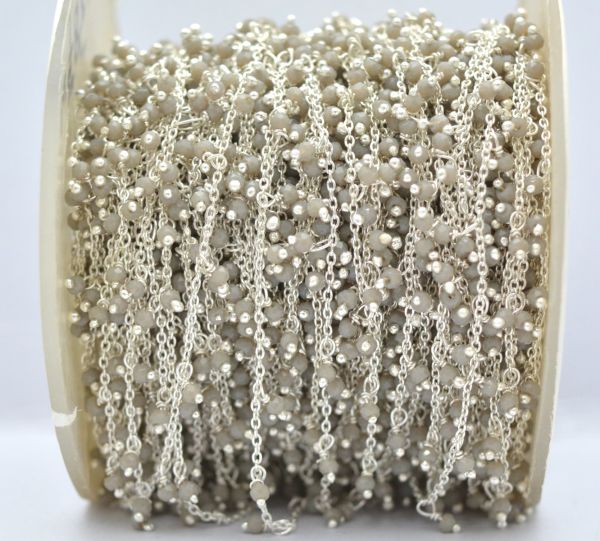 925 Sterling Silver Gold  Rosary Chain With Gray chalcedony in 2mm Size -Sold By foot, ROS2-6079